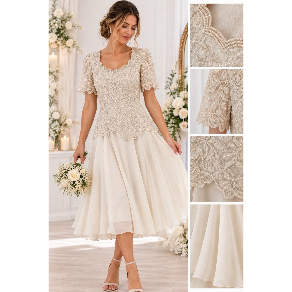 Brilliante by J.A. Wedding Dress Size M Ivory Beaded Lace Pearl Chiffon Bridal
